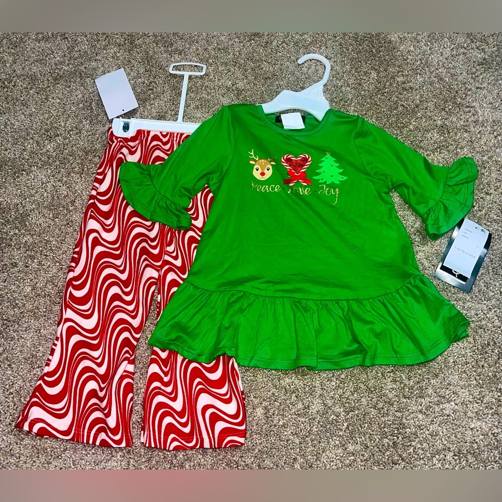 Rare Too! Toddler girls 24M Christmas 2 piece outfit red green NWT